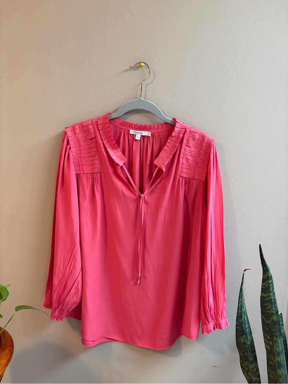 Chico's Hot Pink Pleated-Yoke Tassel Tie Blouse